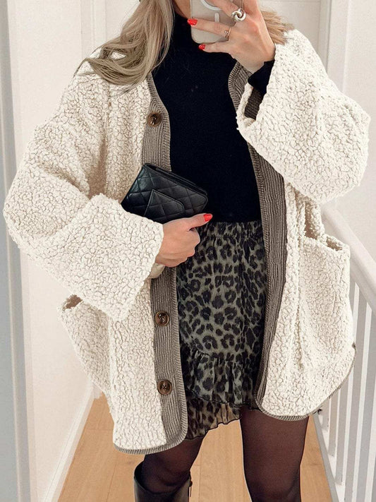 Contrast Button Up Sherpa Jacket with Pockets - Trendsi - Flyclothing LLC