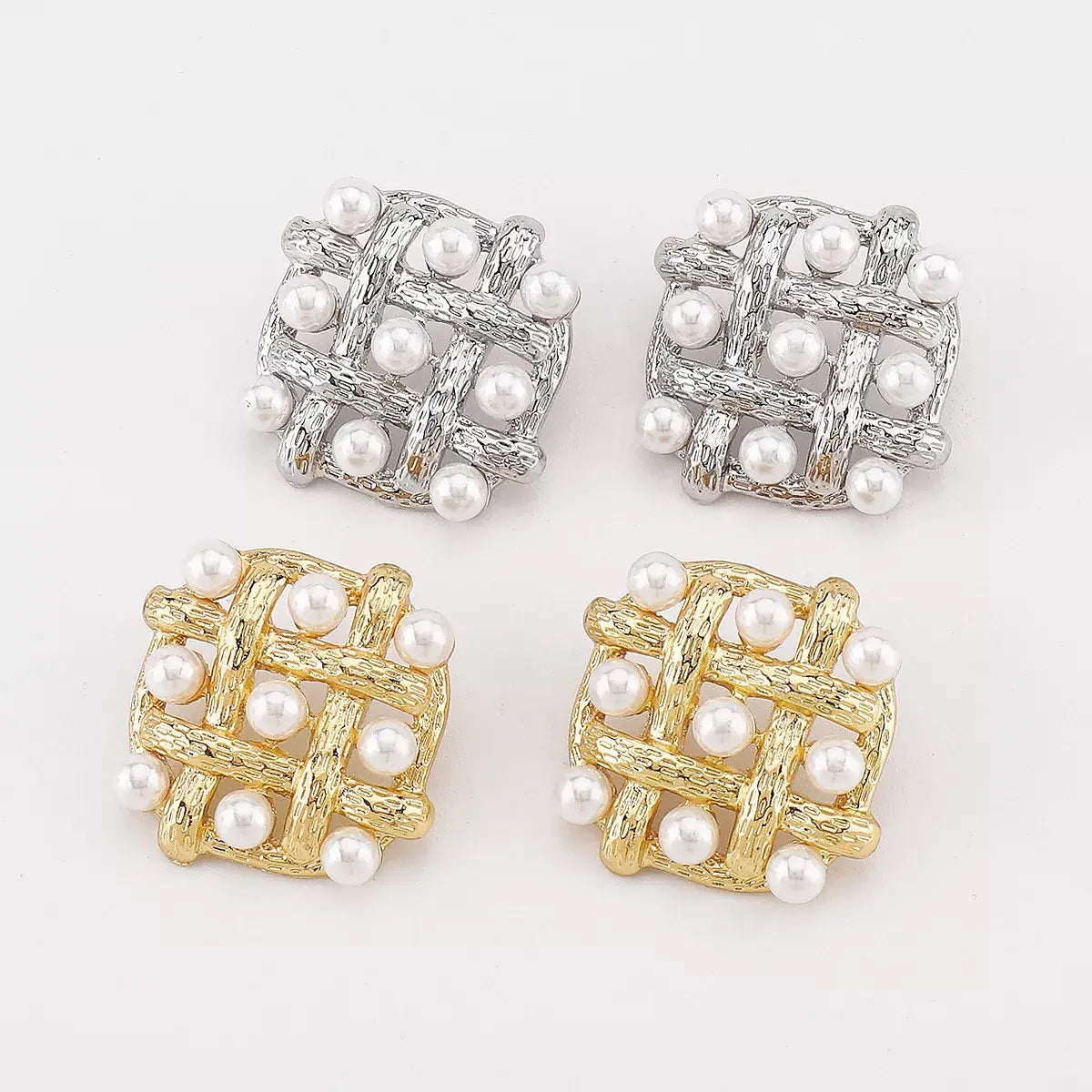 Pearl Grid Square Stud Earrings - Trendsi - Flyclothing LLC