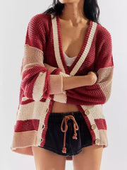 Pocketed Contrast V-Neck Long Sleeve Cardigan - Trendsi