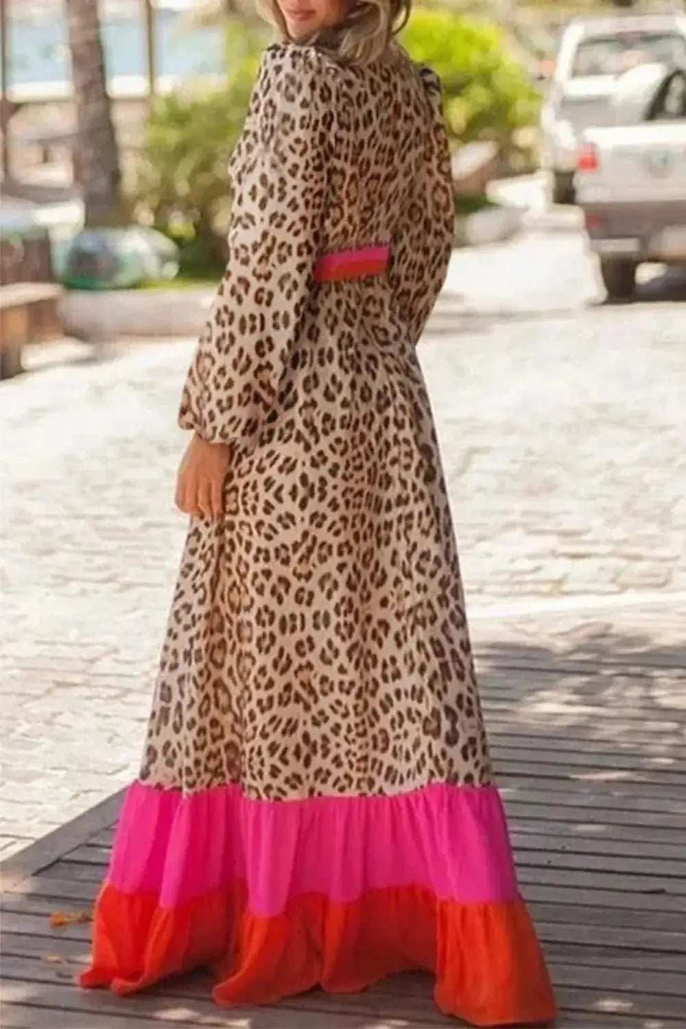 Leopard V-Neck Long Sleeve Maxi Dress - Trendsi - Flyclothing LLC