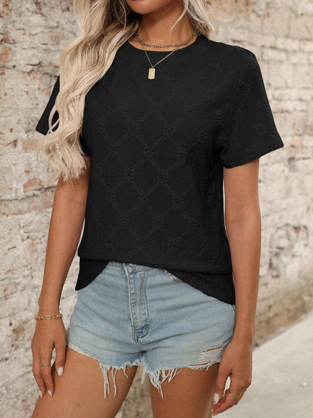 Eyelet Round Neck Short Sleeve Top - Trendsi - Flyclothing LLC