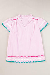 Striped Notched Short Sleeve Blouse - Trendsi - Flyclothing LLC