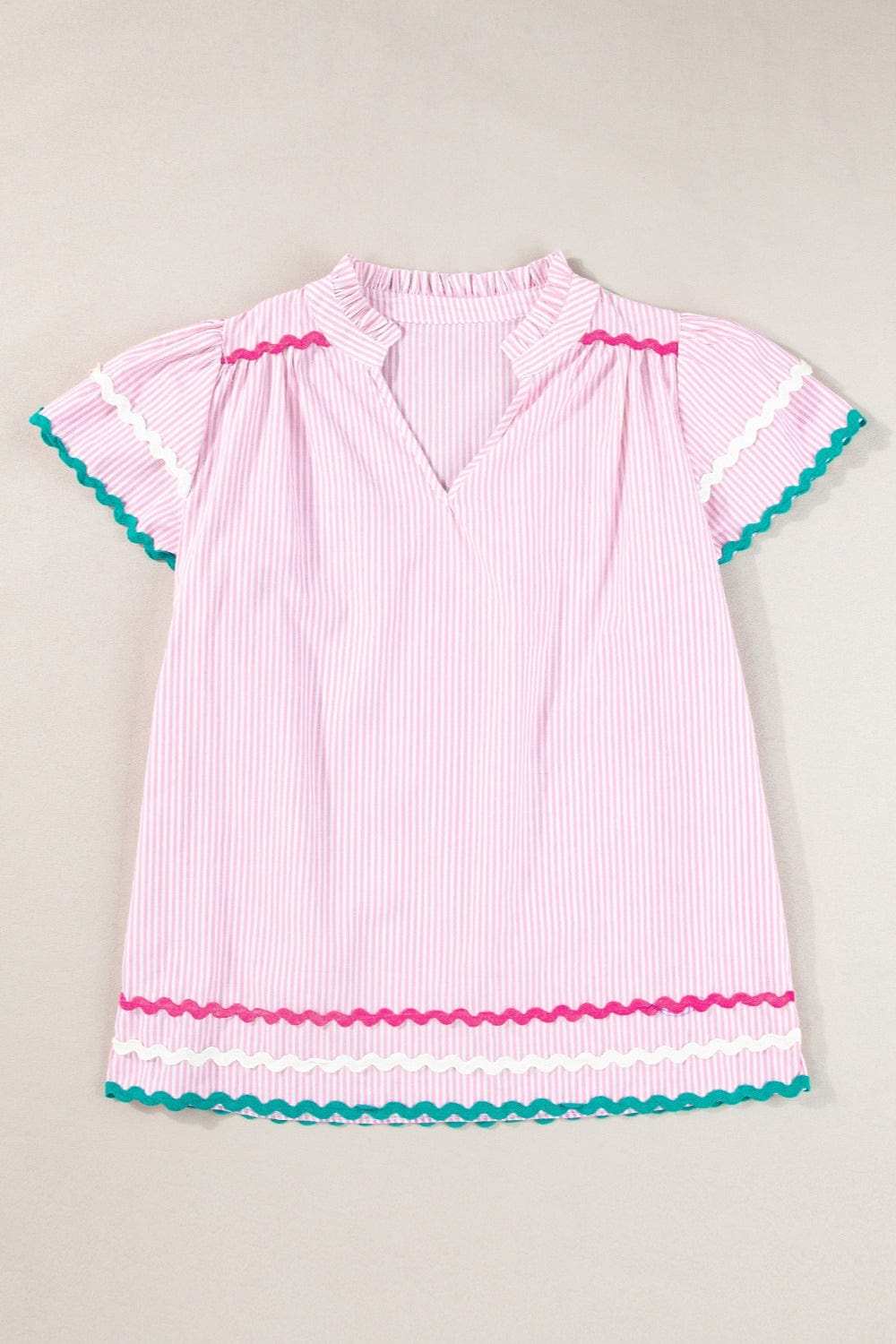Striped Notched Short Sleeve Blouse - Trendsi - Flyclothing LLC