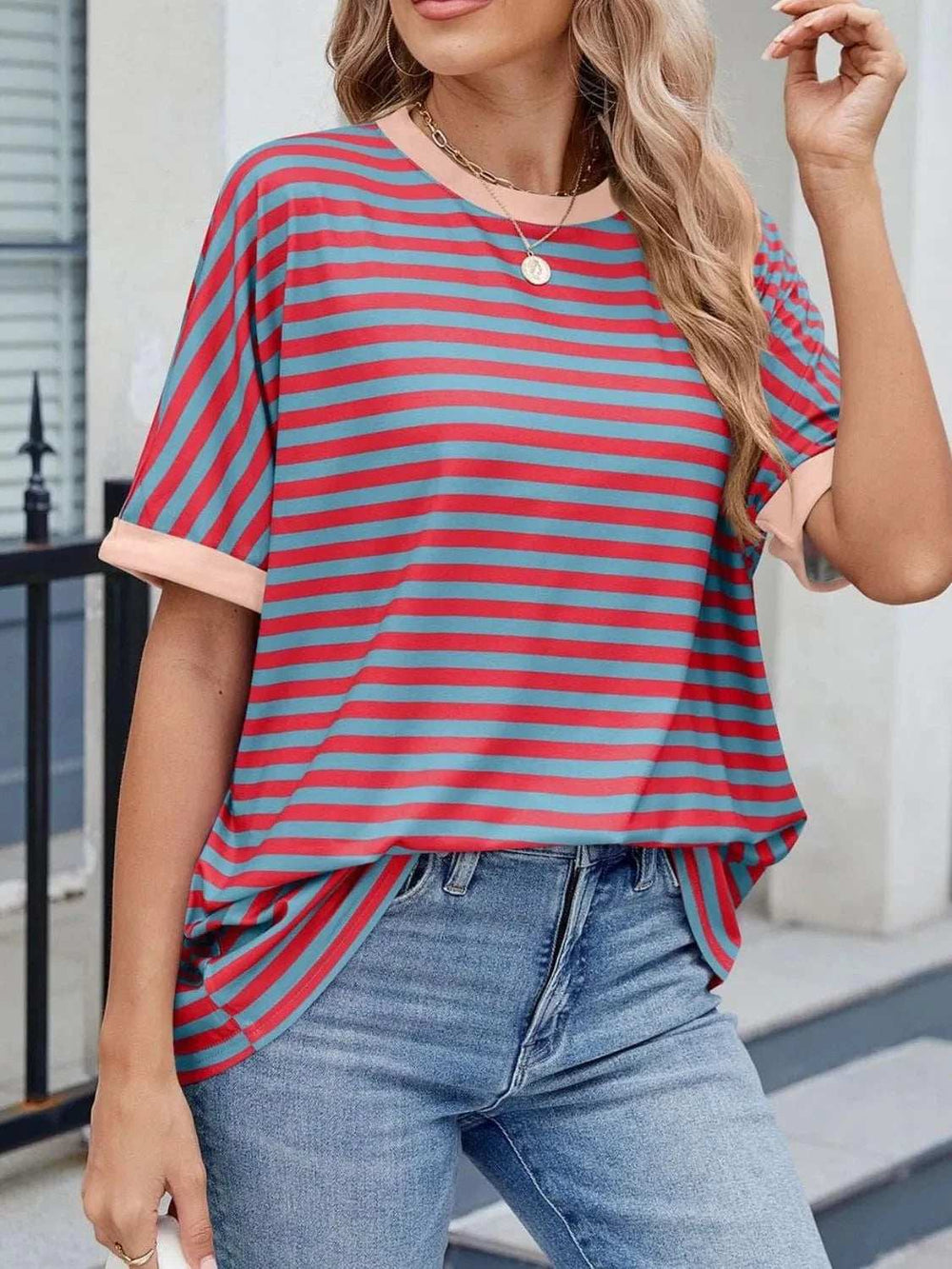 Striped Round Neck Half Sleeve T-Shirt - Trendsi - Flyclothing LLC