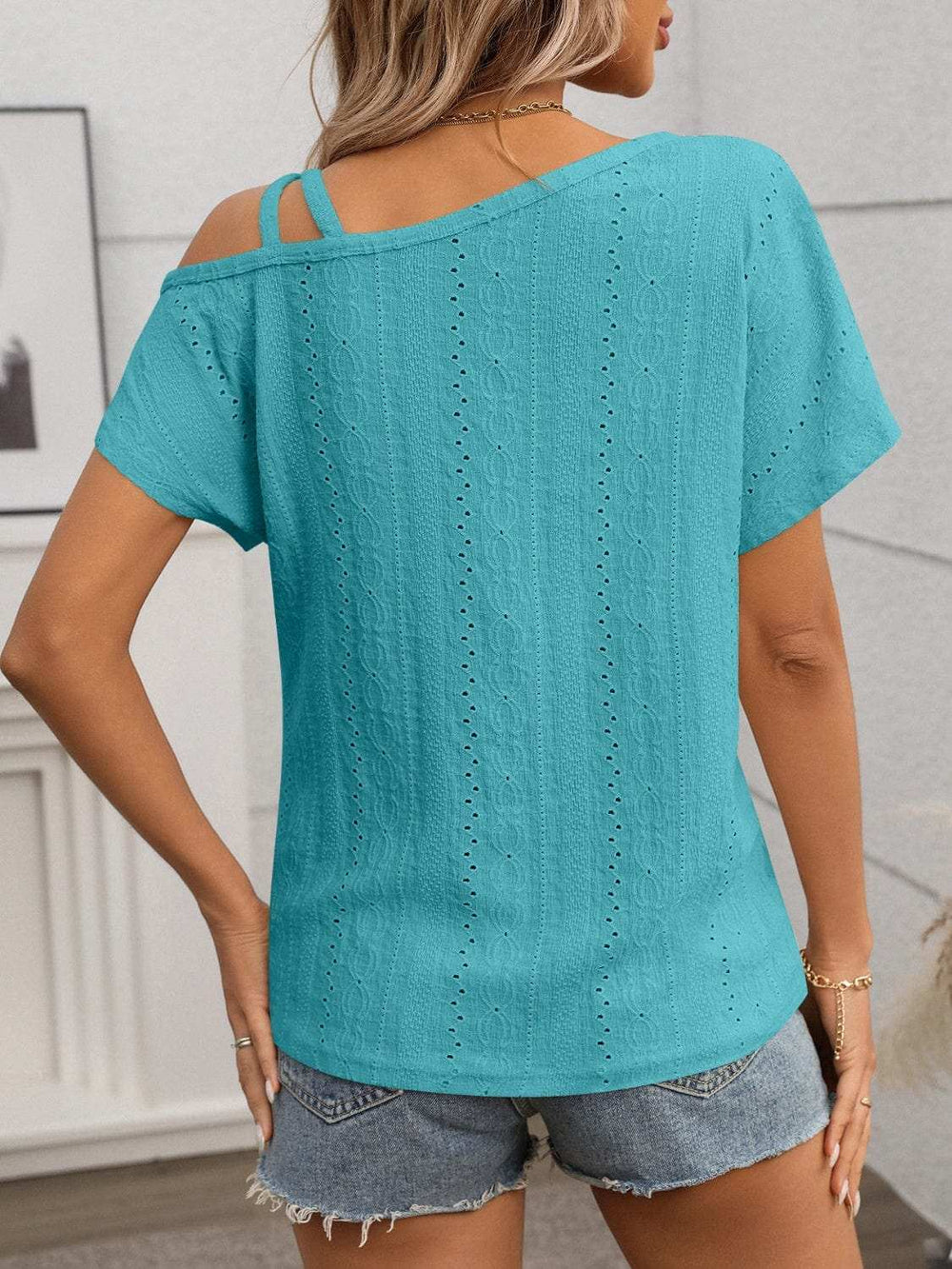 Eyelet Asymmetrical Shoulder Short Sleeve T-Shirt - Trendsi - Flyclothing LLC