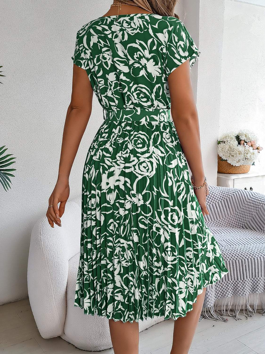 Tied Pleated Printed Short Sleeve Dress - Trendsi - Flyclothing LLC