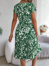 Tied Pleated Printed Short Sleeve Dress - Trendsi - Flyclothing LLC