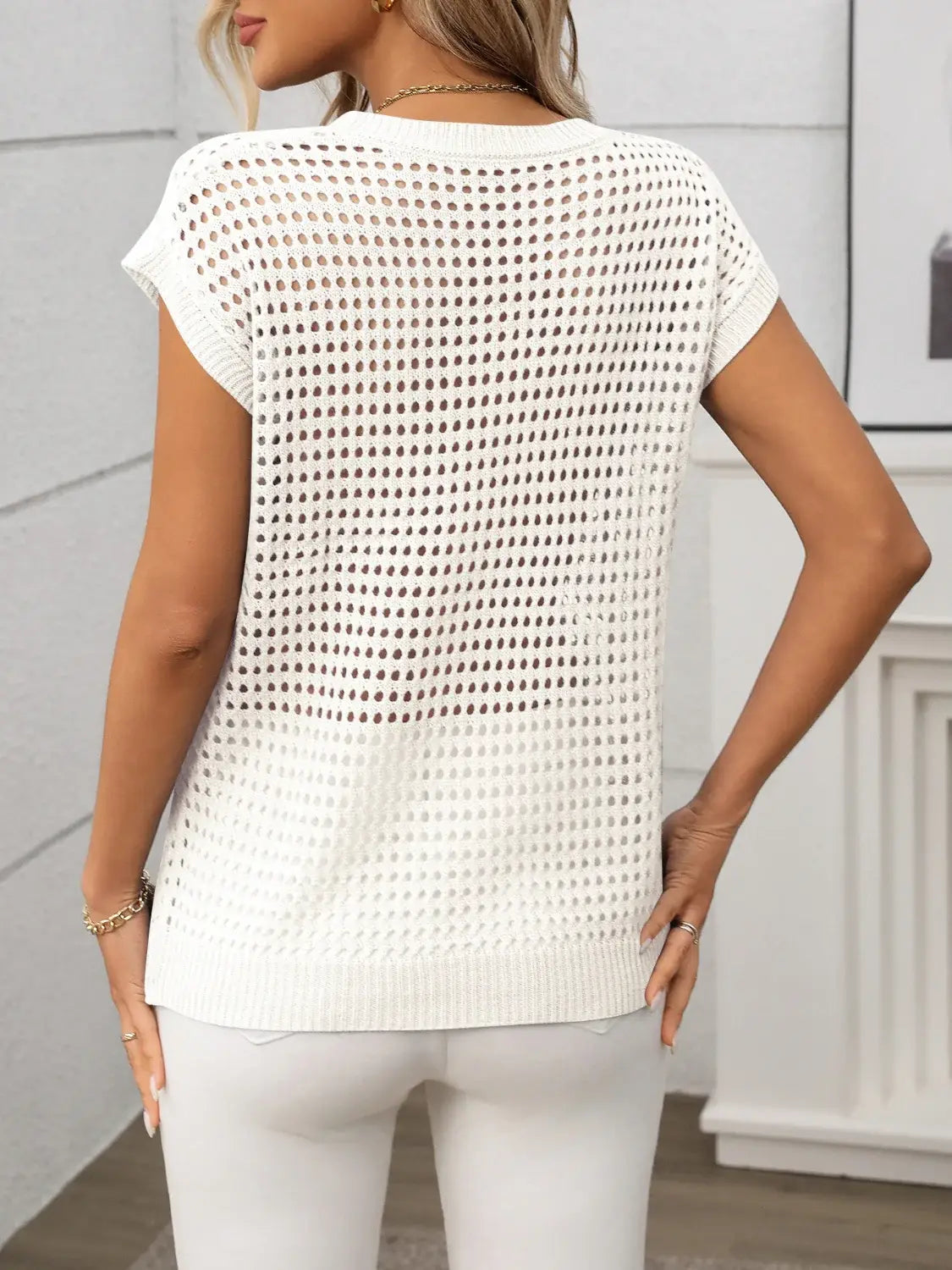 Openwork Round Neck Short Sleeve Knit Cover Up - Trendsi - Flyclothing LLC