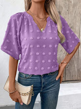 Swiss Dot Notched Half Sleeve Blouse - Trendsi - Flyclothing LLC