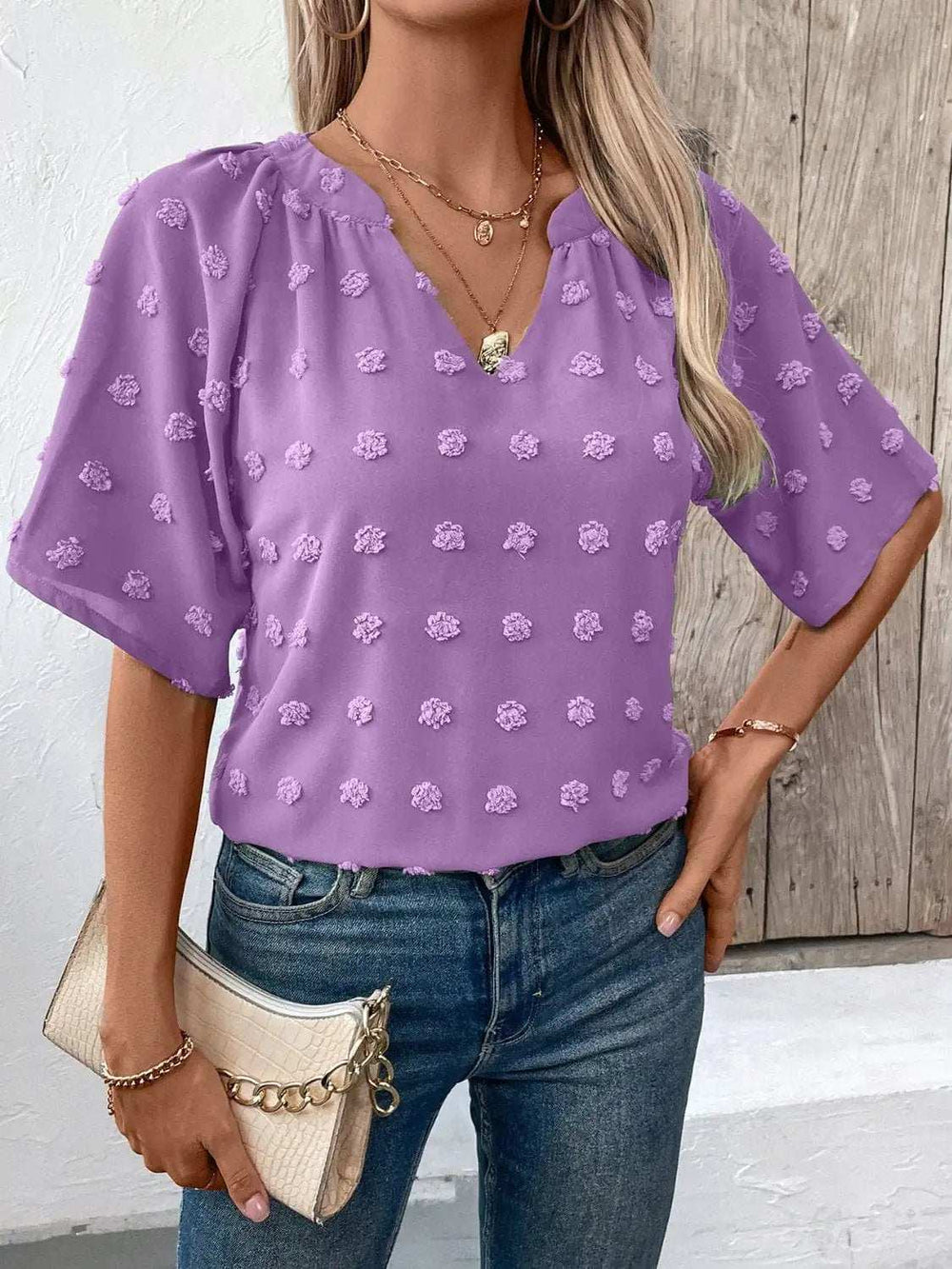 Swiss Dot Notched Half Sleeve Blouse - Trendsi - Flyclothing LLC