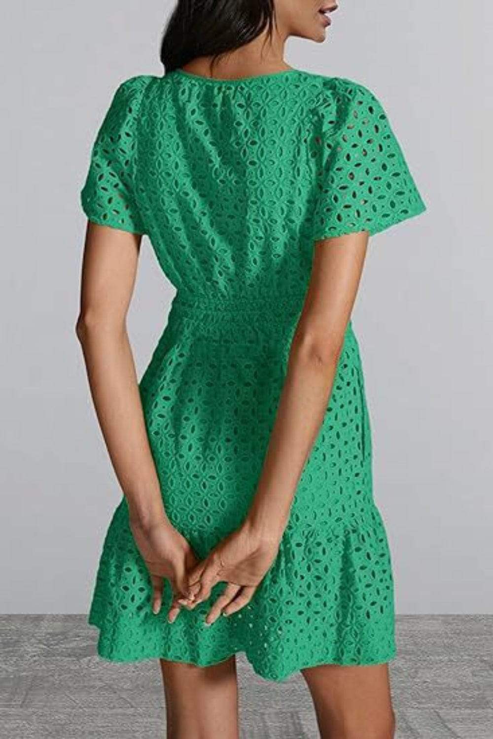 Eyelet Notched Short Sleeve Mini Dress - Trendsi - Flyclothing LLC