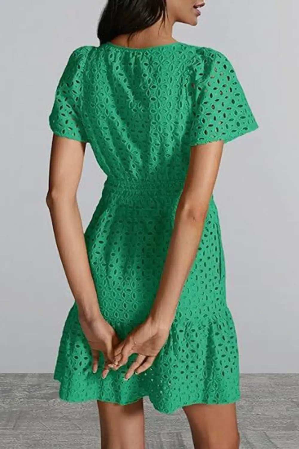 Eyelet Notched Short Sleeve Mini Dress - Trendsi - Flyclothing LLC