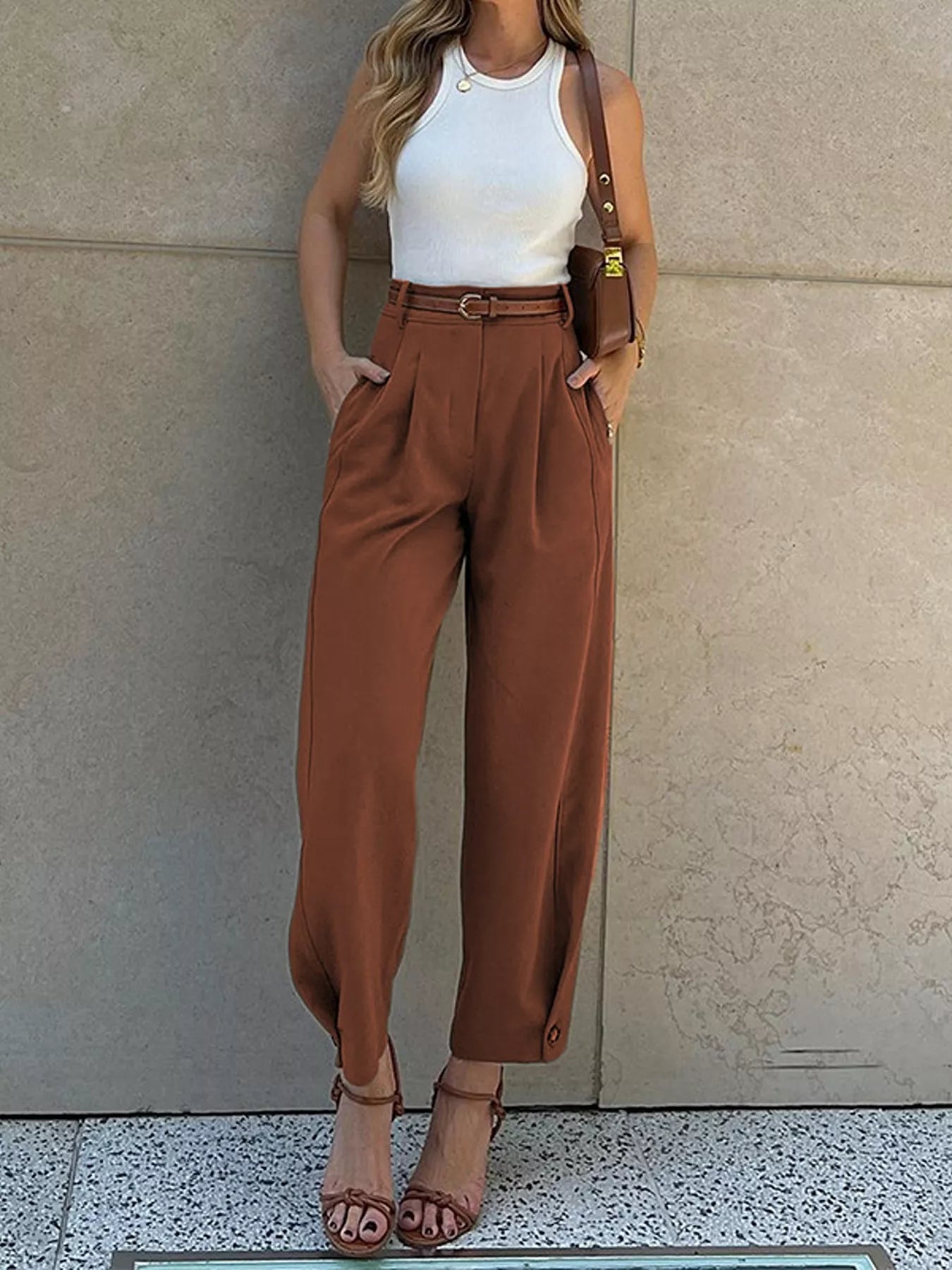 High-Waisted Pleated Pants - Trendsi - Flyclothing LLC