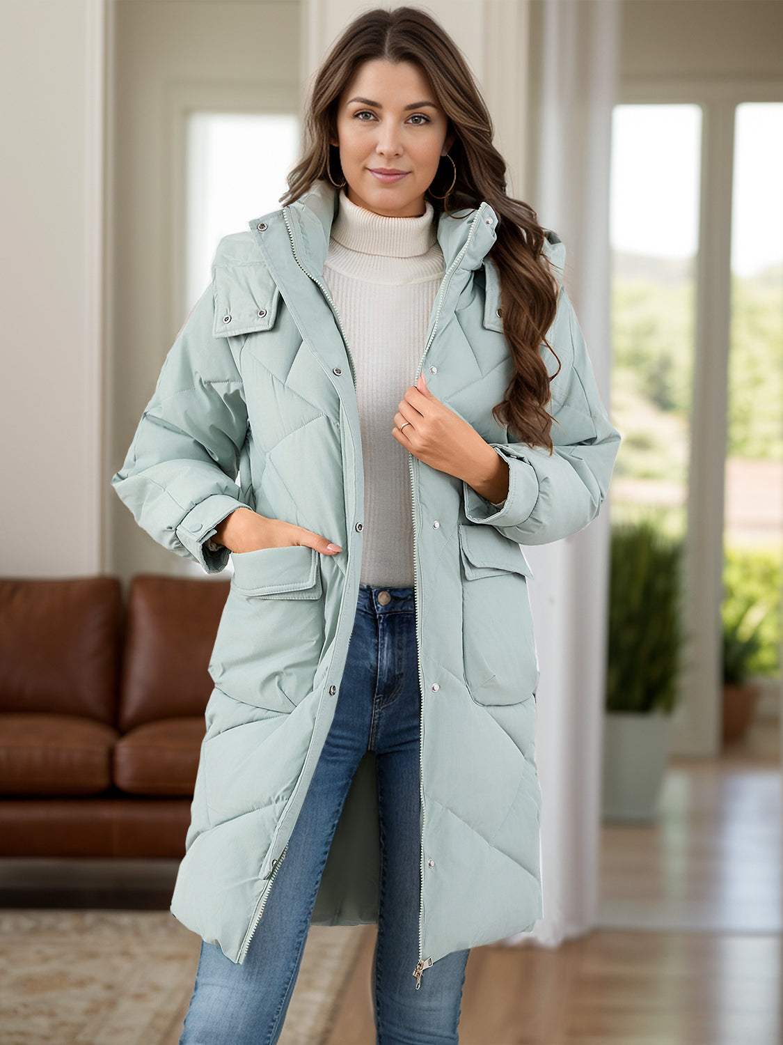 Long Sleeve Longline Hooded Winter Coat with Pockets - Trendsi - Flyclothing LLC