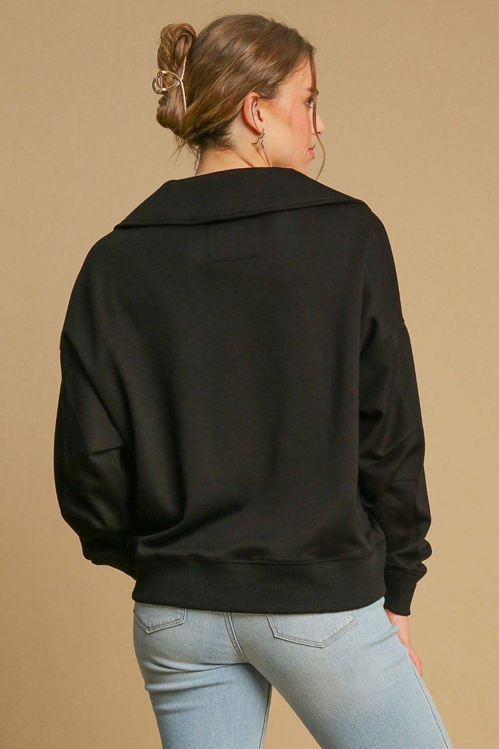 Umgee Johnny Collar Dropped Shoulder Sweatshirt - Trendsi - Flyclothing LLC