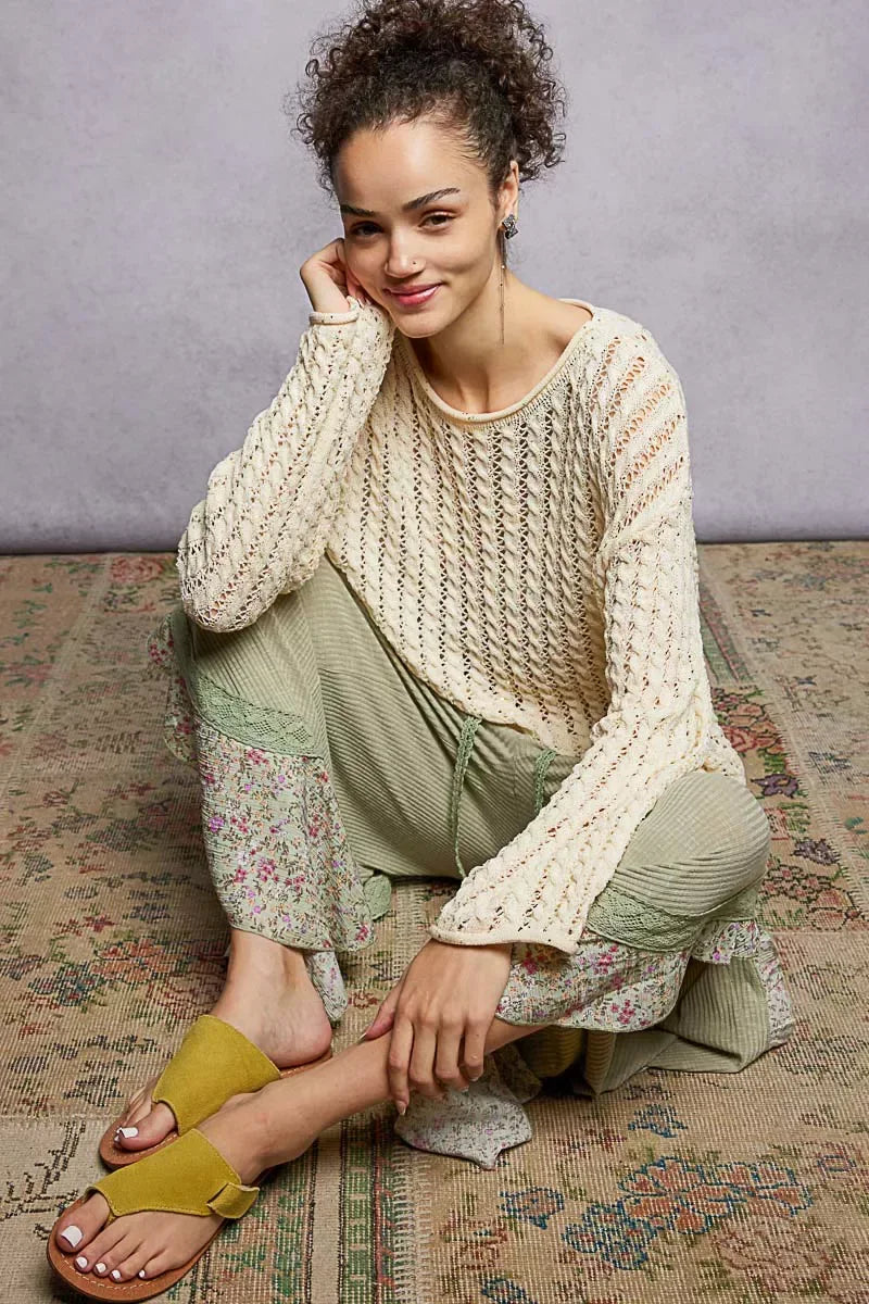 POL Openwork Round Neck Knit Top with Shiny Detail - Trendsi - Flyclothing LLC