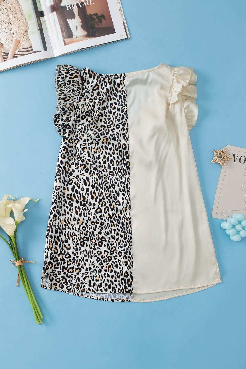 Ruffled Leopard V-Neck Cap Sleeve Blouse - Trendsi - Flyclothing LLC