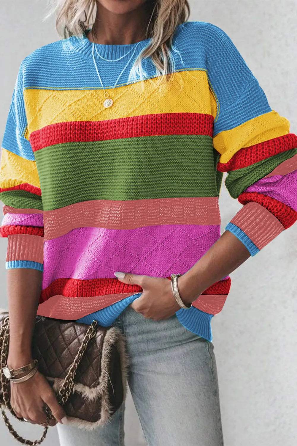 Contrast Round Neck Dropped Shoulder Sweater - Trendsi - Flyclothing LLC