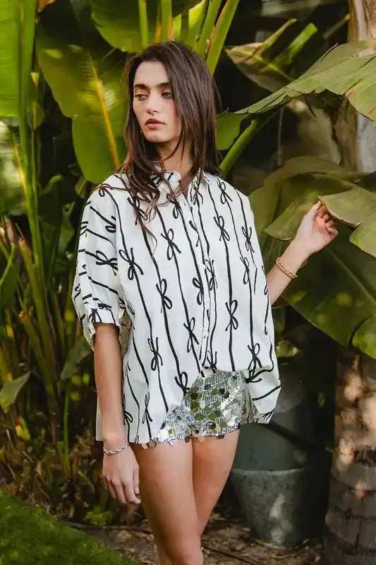 BiBi Bow Ribbon Woven Printed Button Down Shirt - Trendsi - Flyclothing LLC