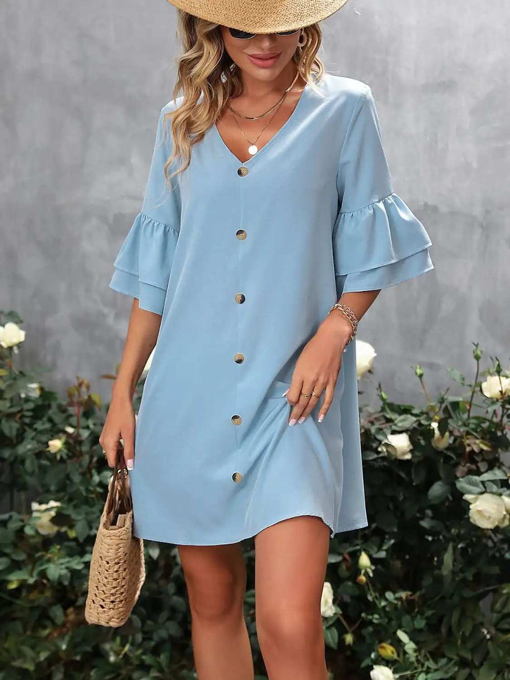 V-Neck Half Sleeve Mini Dress - Trendsi - Flyclothing LLC