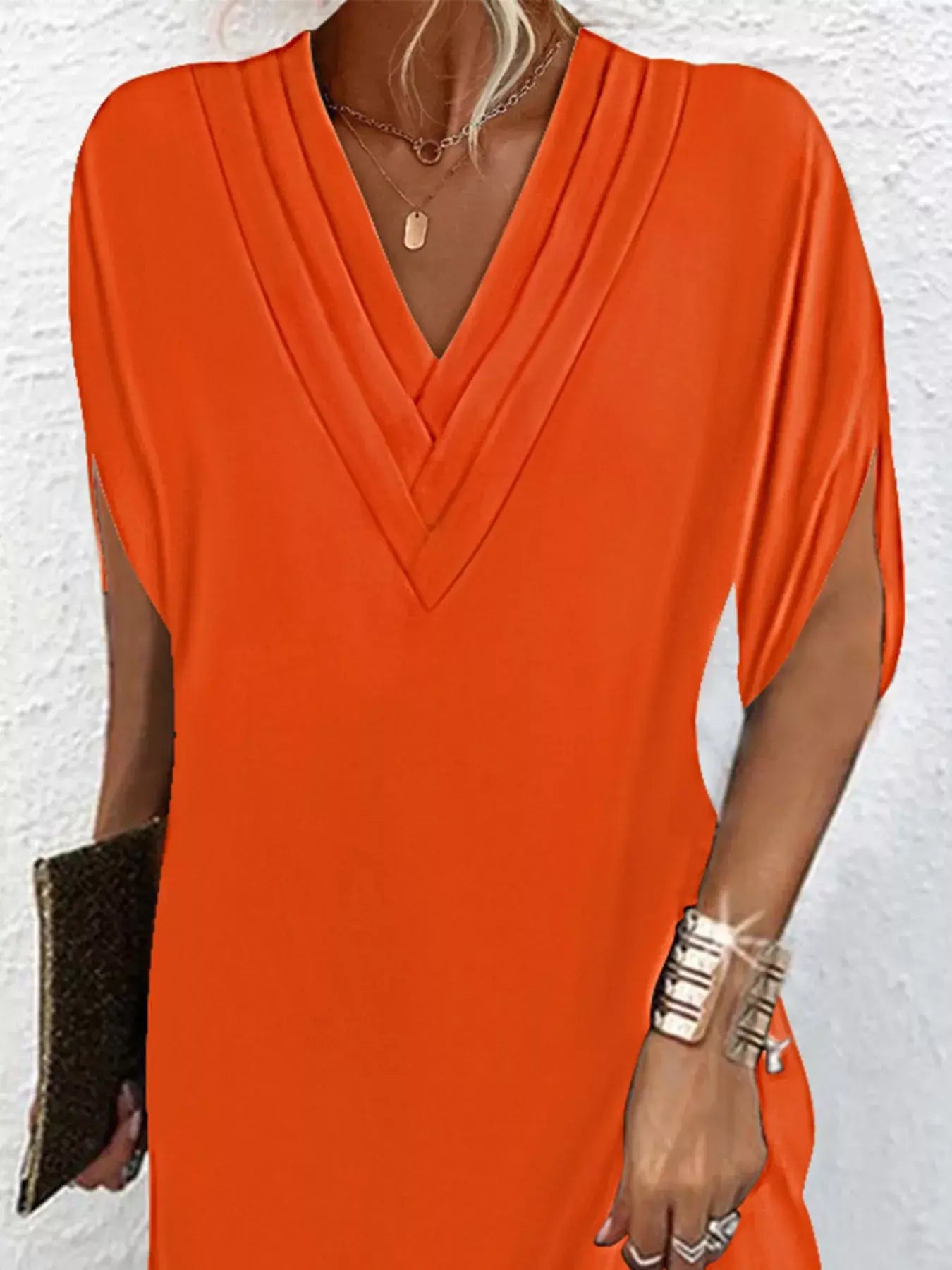 Full Size V-Neck Slit Sleeve Mini Dress Plus Size - Trendsi - Flyclothing LLC