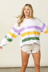 BiBi Sequin Mardi Gras Striped Round Neck Sweatshirt - Trendsi - Flyclothing LLC