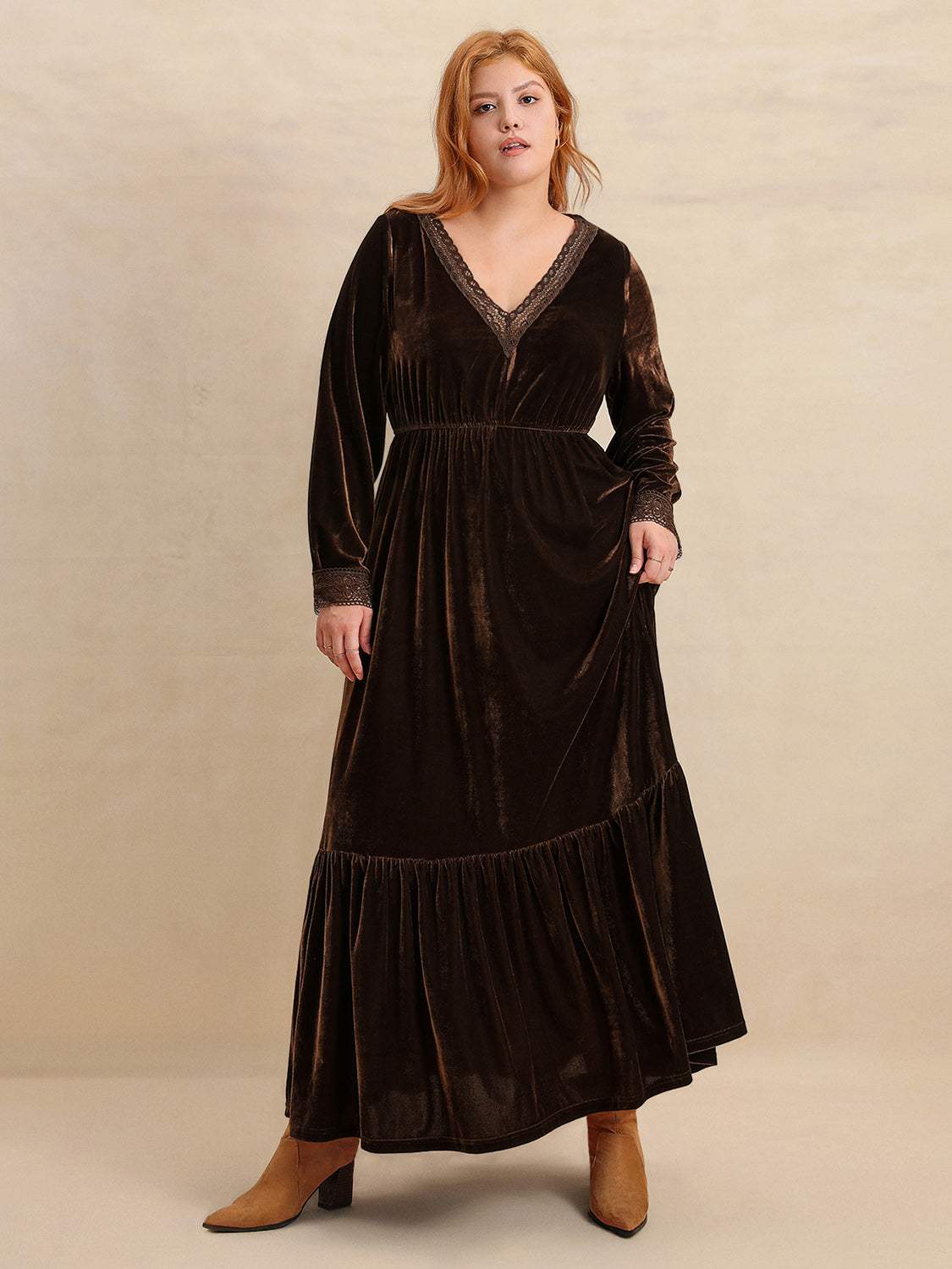 Plus Size Lace Detail V-Neck Long Sleeve Midi Dress - Trendsi - Flyclothing LLC