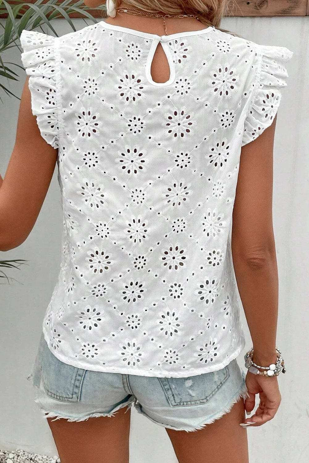 Eyelet Round Neck Cap Sleeve Blouse - Trendsi - Flyclothing LLC