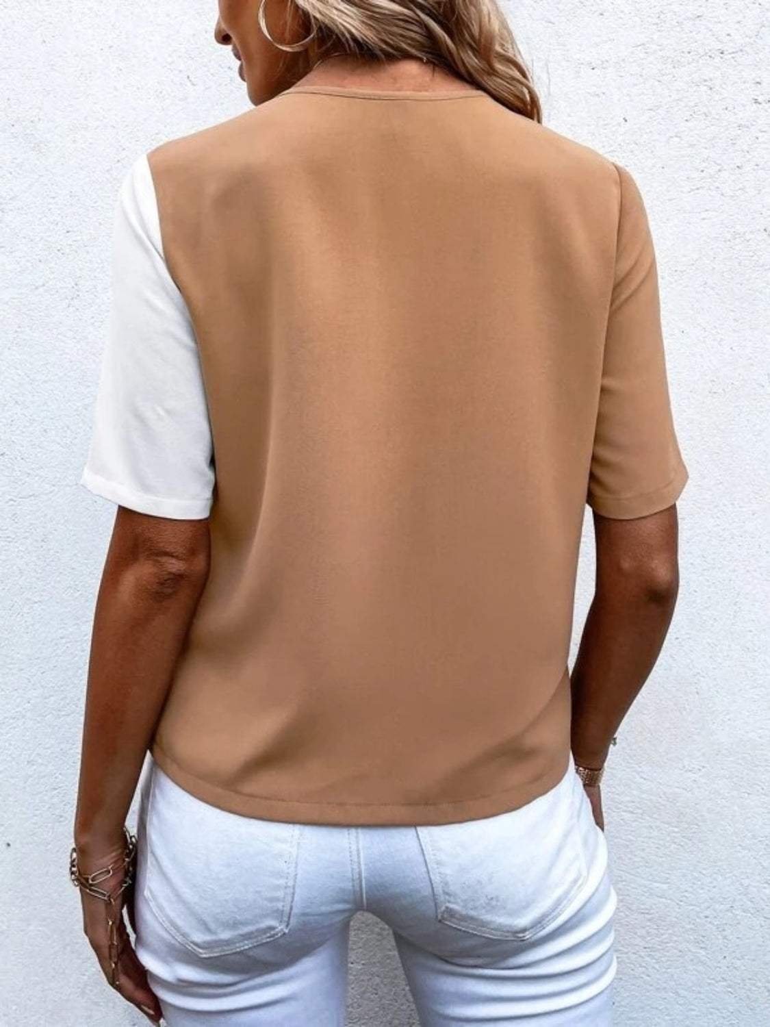 Decorative Button Surplice Short Sleeve Blouse - Trendsi - Flyclothing LLC