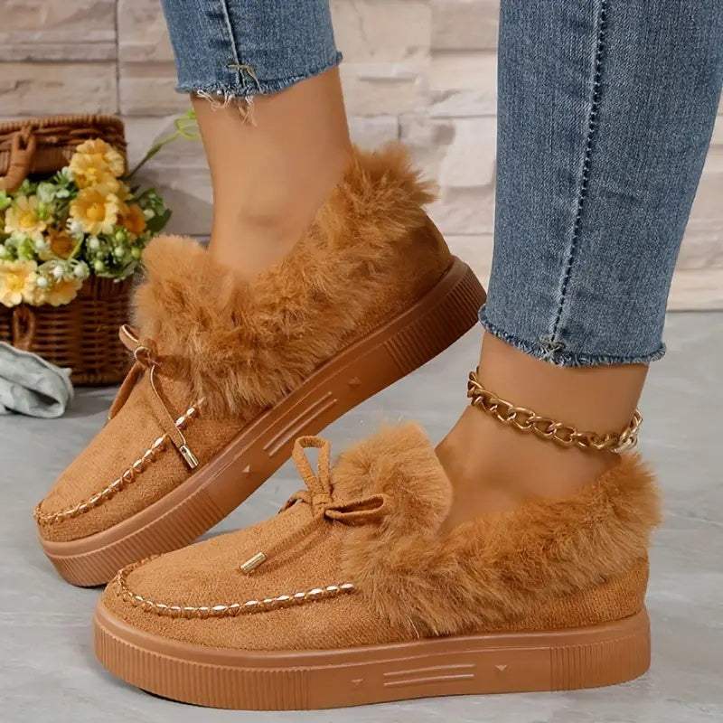 Bow Furry Round Toe Flat Slip-Ons - Trendsi - Flyclothing LLC