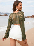 Openwork Boat Neck Long Sleeve Cover-Up - Trendsi