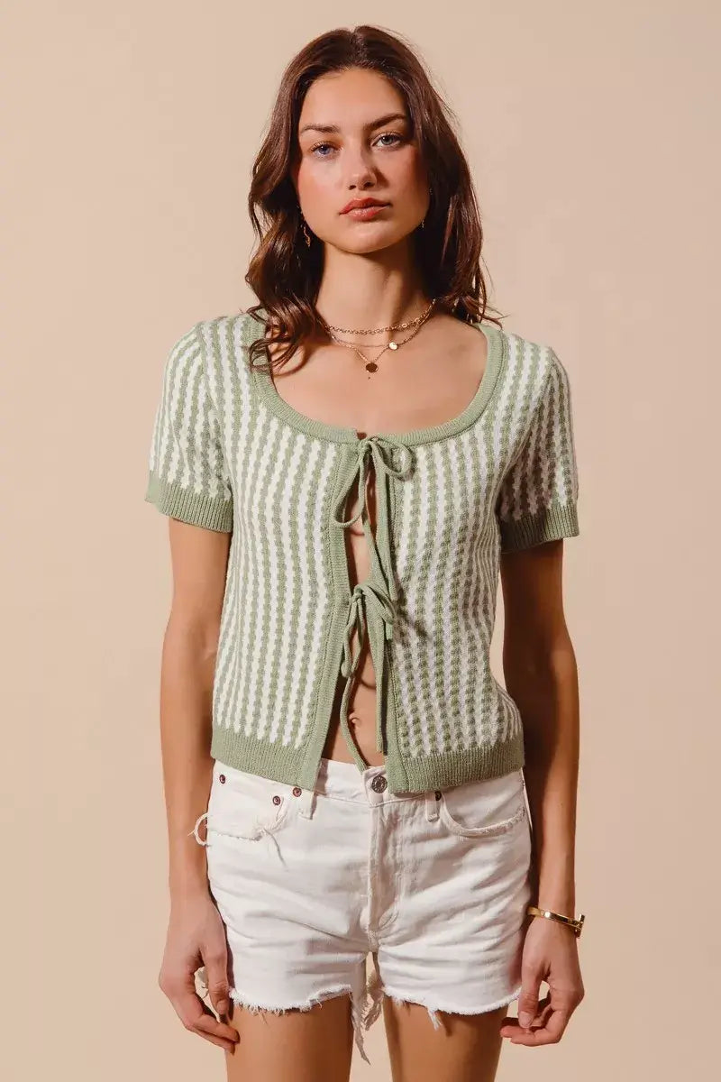 SO ME Tie Front Textured Vertical Stripe Knit Cardigan - Trendsi - Flyclothing LLC