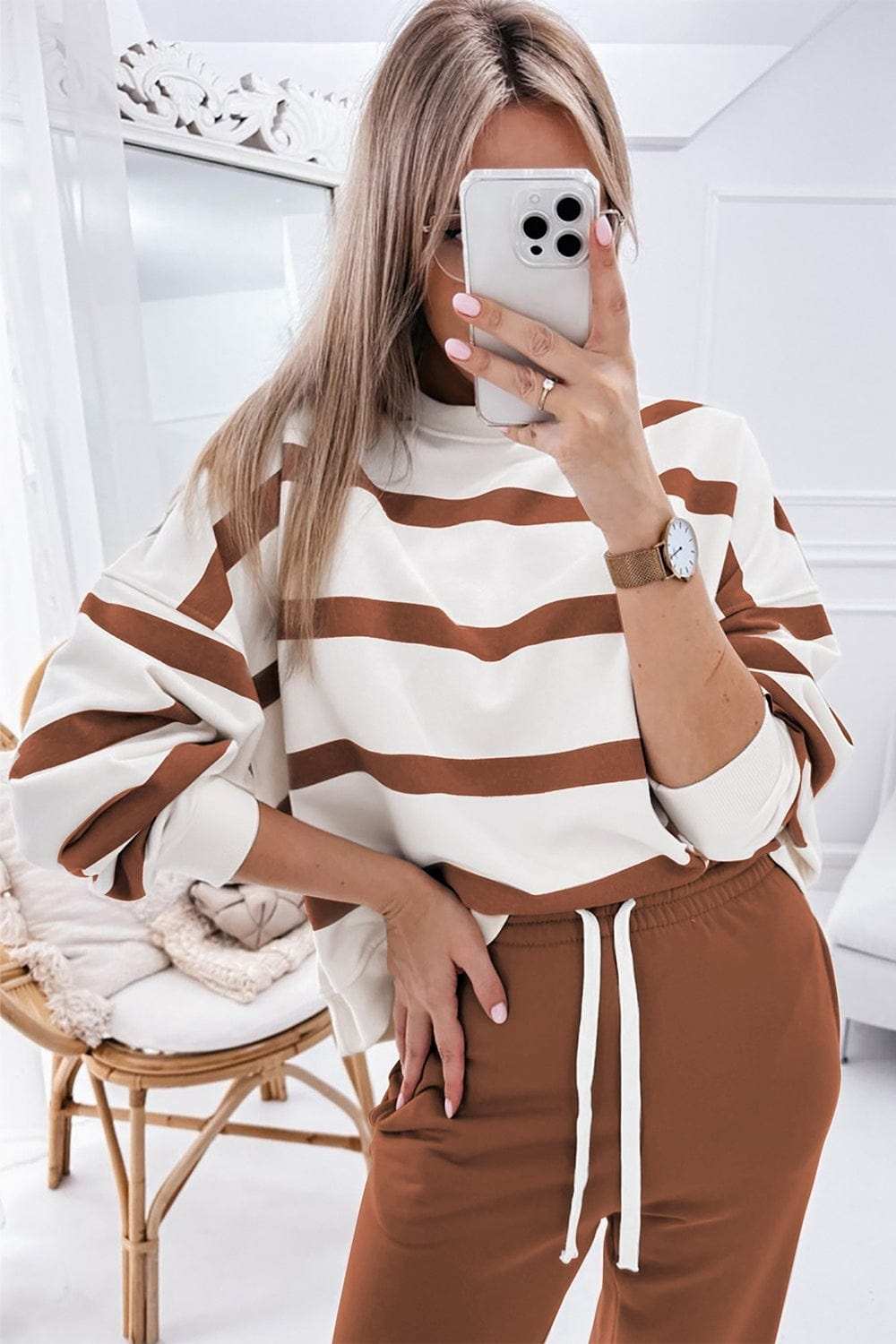Striped Round Neck Long Sleeve Top and Pants Set - Trendsi - Flyclothing LLC