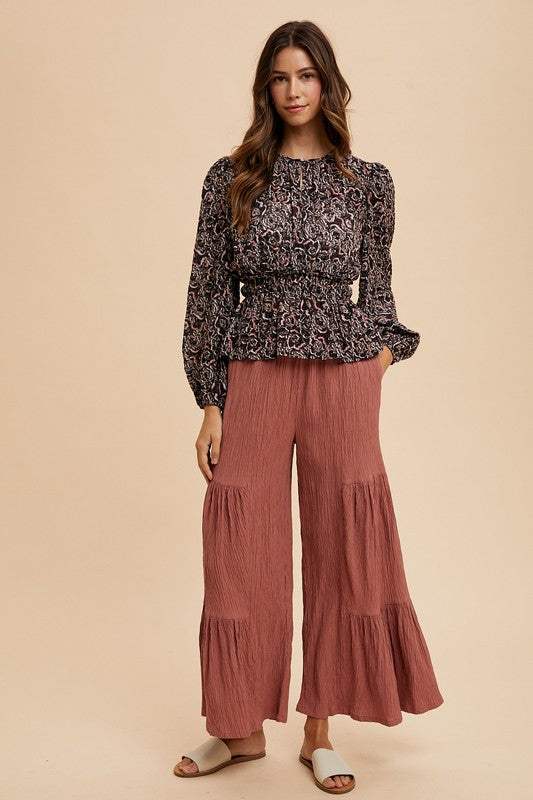 Annie Wear Abstract Print Balloon Sleeve Peplum Blouse - Trendsi - Flyclothing LLC