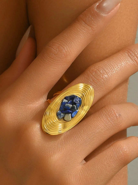 18K Gold-Plated Stainless Steel Oval Ring with Blue Crystal - Trendsi - Flyclothing LLC