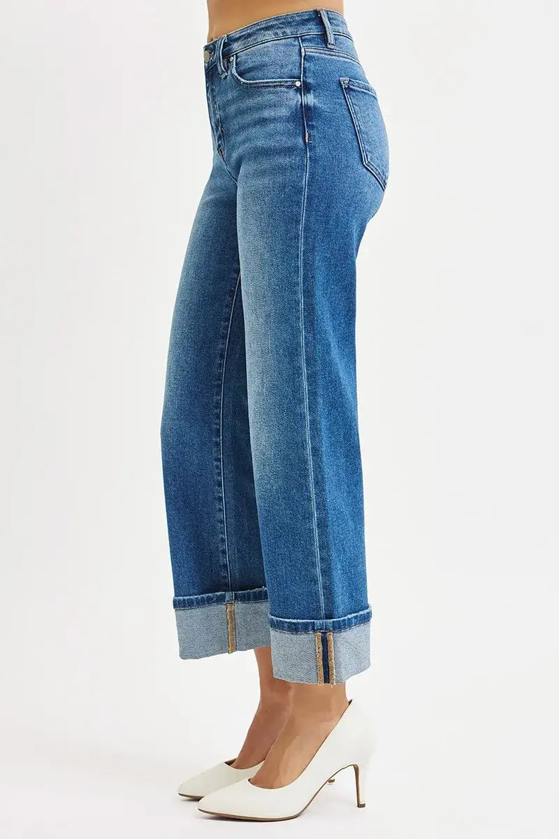 RISEN Full Size Mid Rise Crop Straight Cuffed Jeans Plus Size - Trendsi - Flyclothing LLC