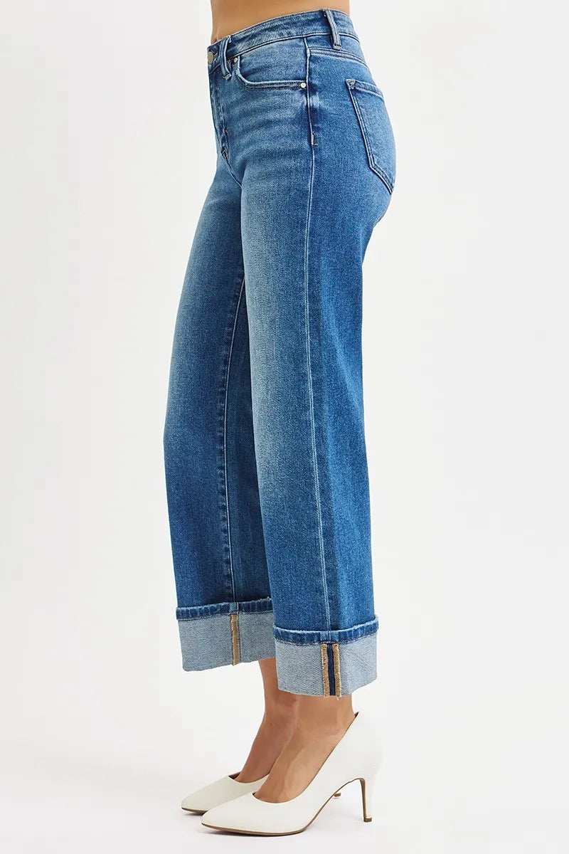 RISEN Full Size Mid Rise Crop Straight Cuffed Jeans Plus Size - Trendsi - Flyclothing LLC