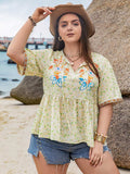 Plus Size Printed Tie Neck Half Sleeve Blouse - Trendsi - Flyclothing LLC