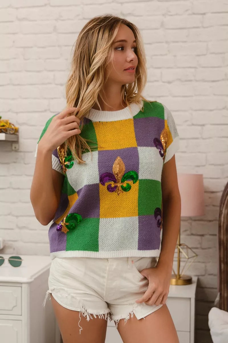 BiBi Sequin Embroidery Mardi Gras Checker Sweater Top - Trendsi - Flyclothing LLC