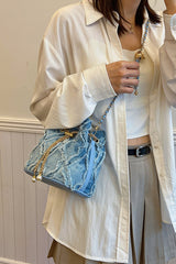 Chain Drawstring Raw Edge Denim Bucket Bag - Trendsi