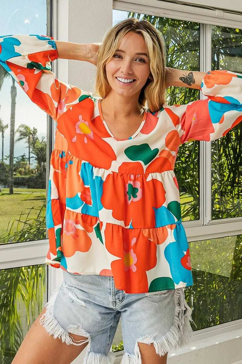 BiBi Floral Woven Tiered V Neck Top - Trendsi - Flyclothing LLC