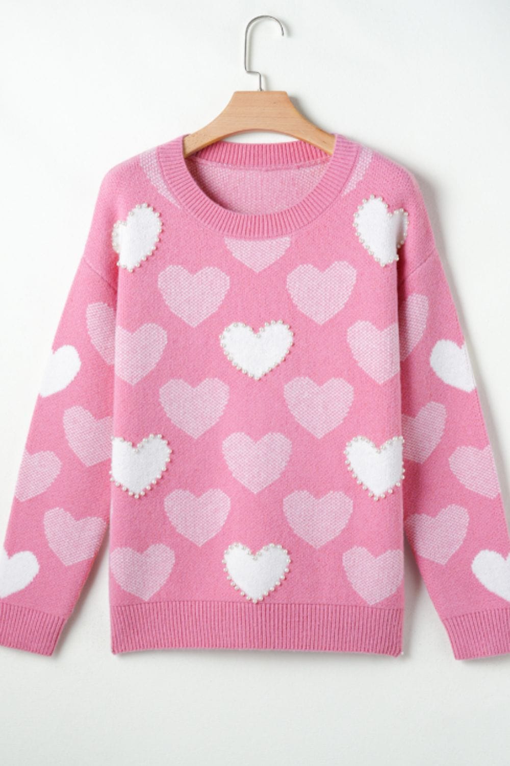 Pearl Trim Heart Round Neck Long Sleeve Sweater - Trendsi