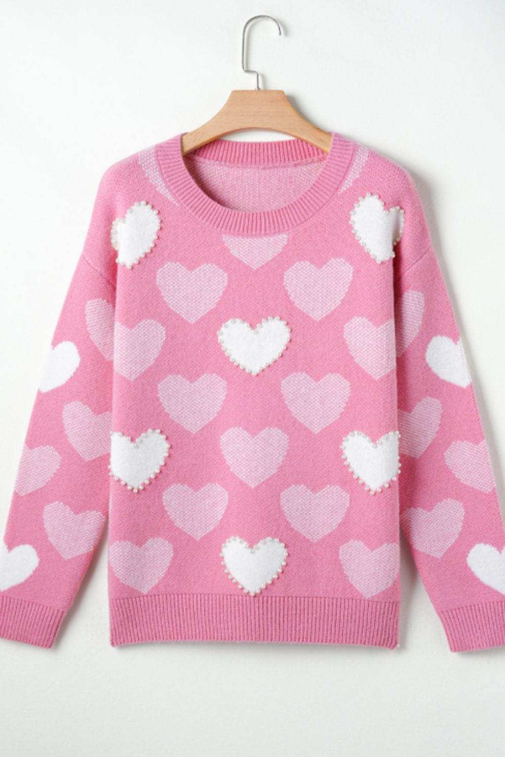 Pearl Trim Heart Round Neck Long Sleeve Sweater - Trendsi - Flyclothing LLC