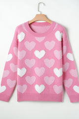Pearl Trim Heart Round Neck Long Sleeve Sweater - Trendsi