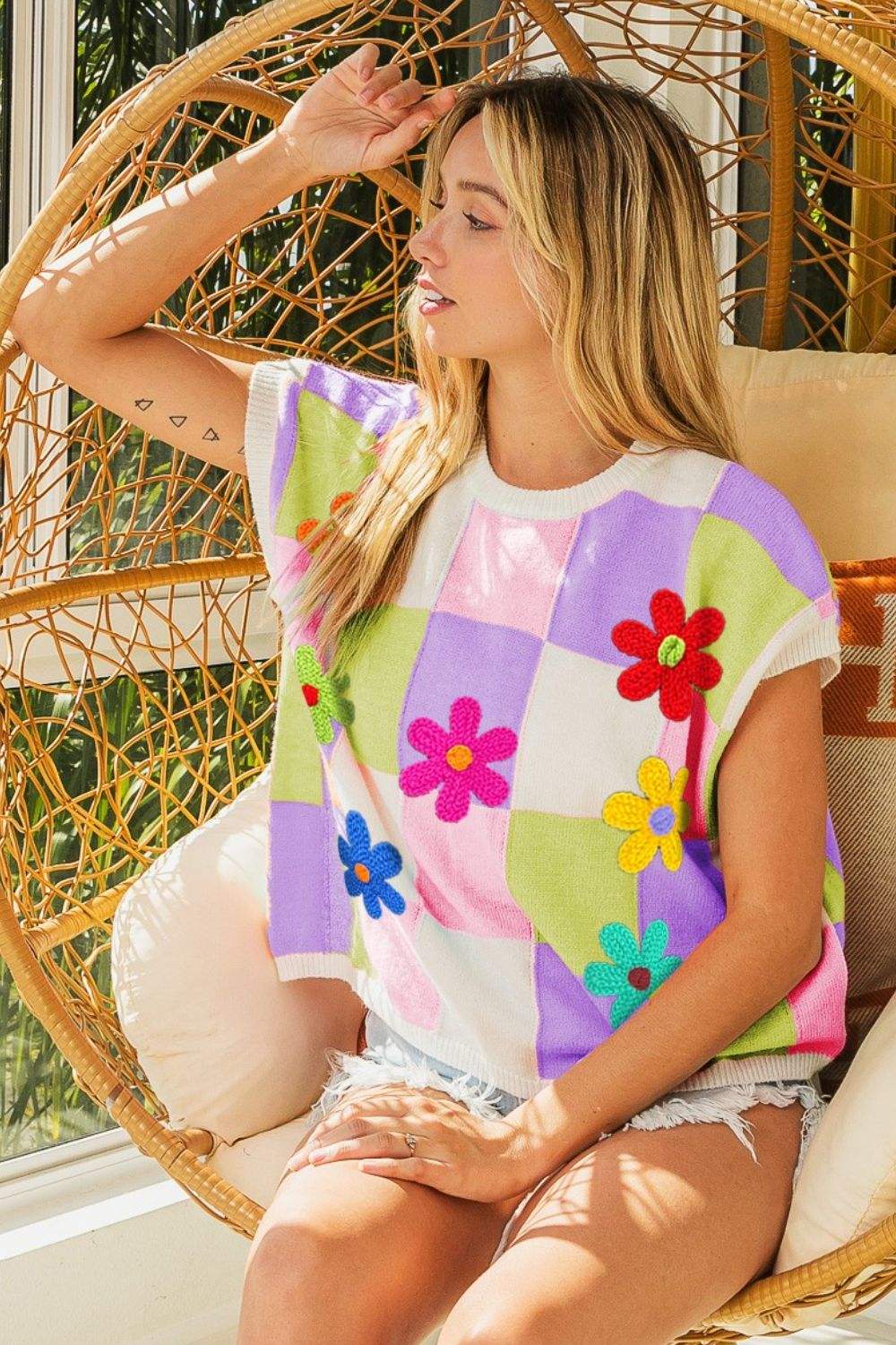 BiBi Flower Patch Checkered Sweater Vest - Trendsi - Flyclothing LLC