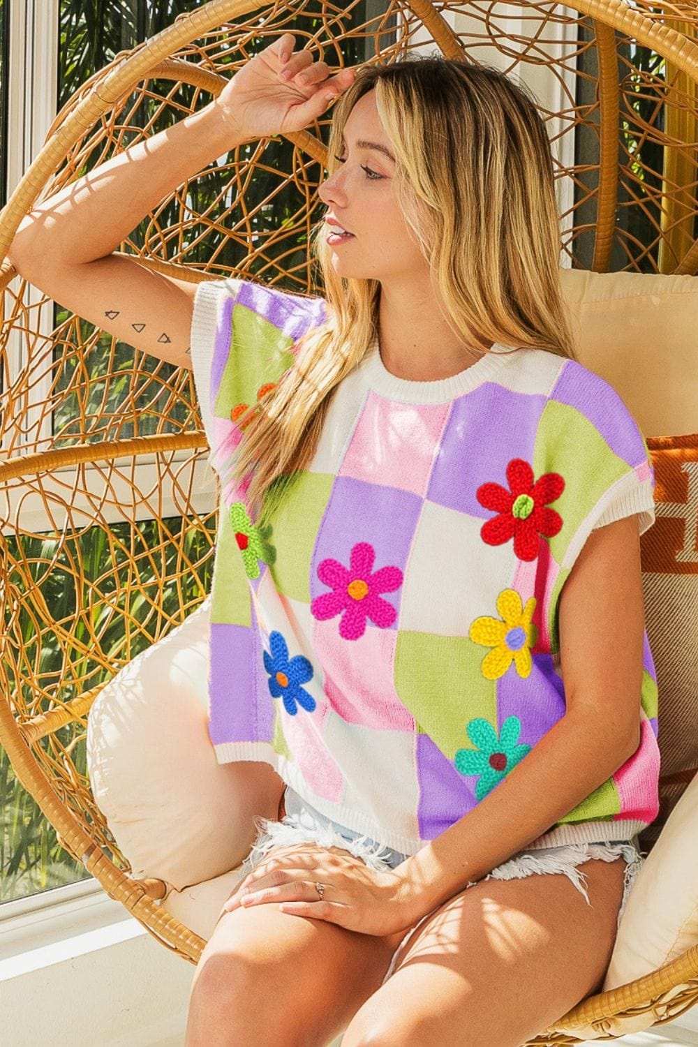 BiBi Flower Patch Checkered Sweater Vest - Trendsi - Flyclothing LLC