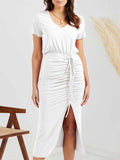 Ruched Slit V-Neck Short Sleeve Dress - Trendsi - Flyclothing LLC
