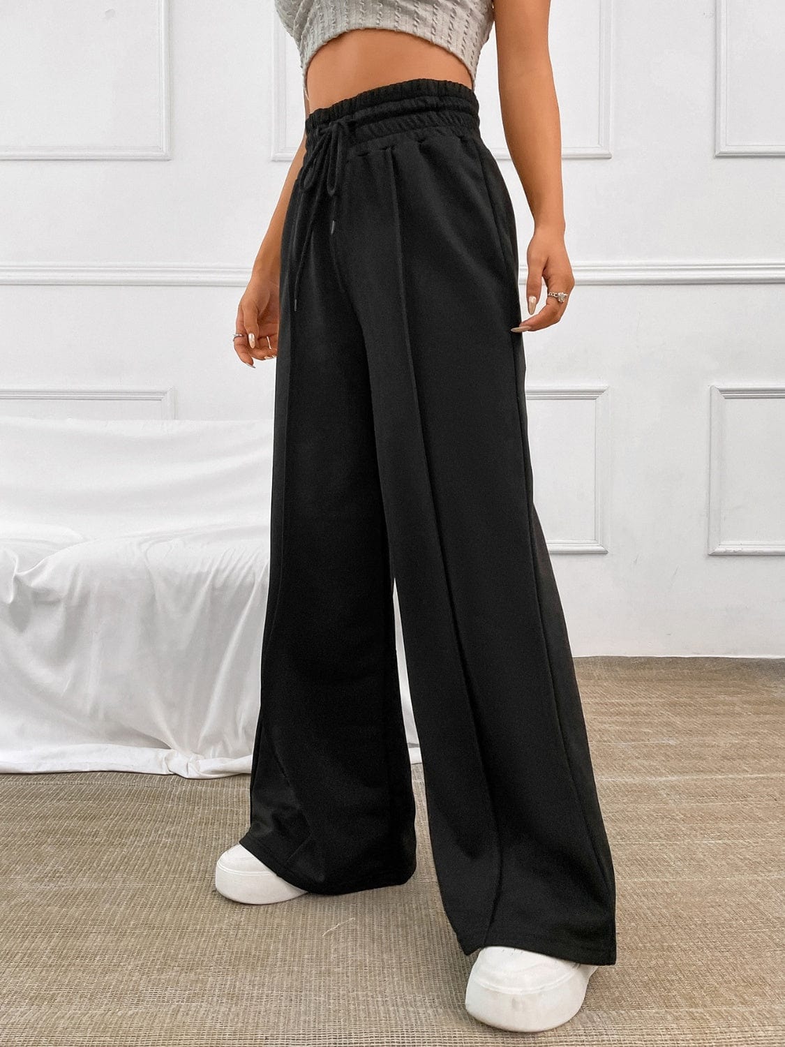 Honey Drawstring Elastic Waist Wide Leg Pants - Trendsi