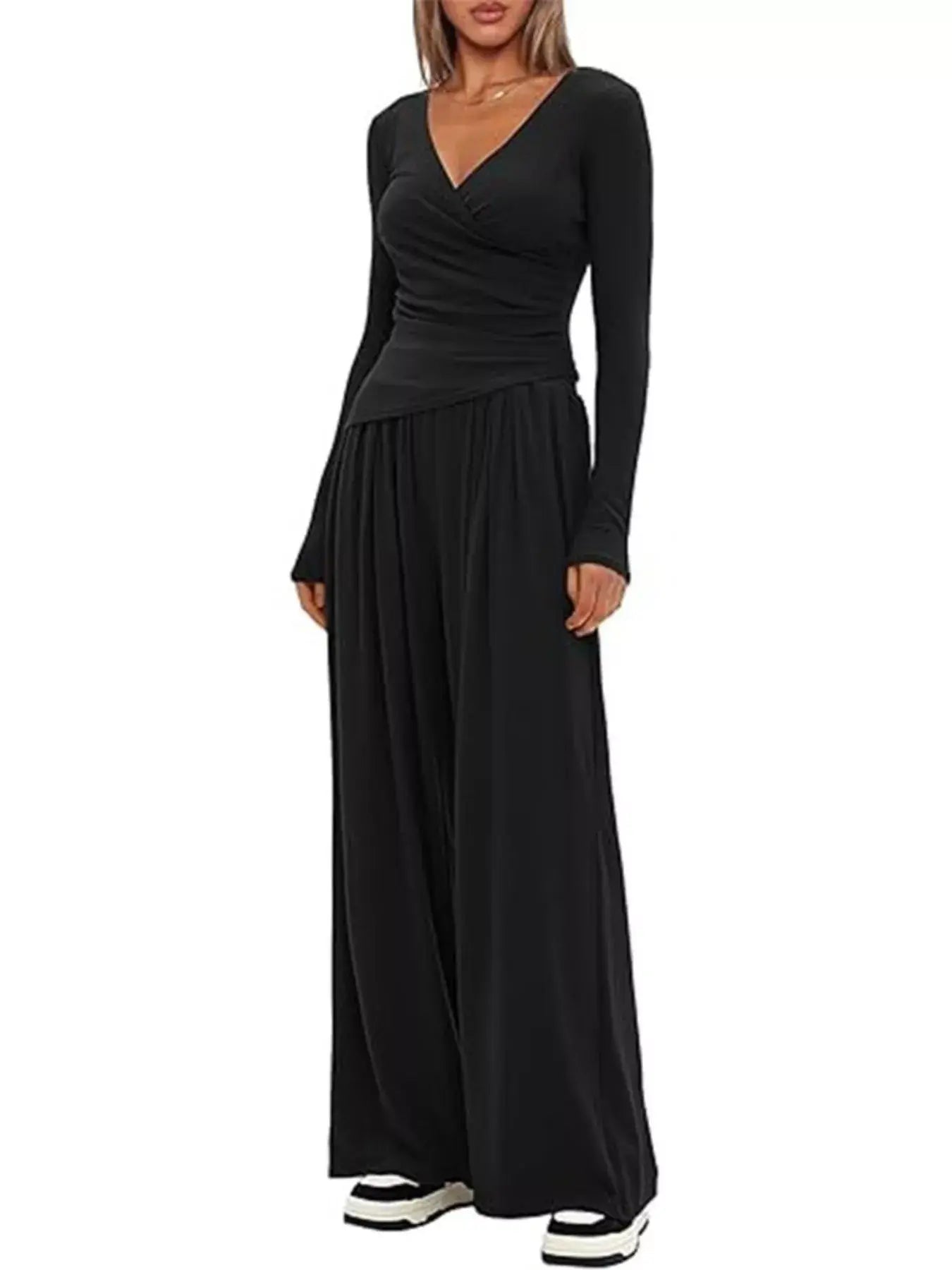 Casual Long Sleeve Top and Wide Leg Pants Set - Trendsi - Flyclothing LLC