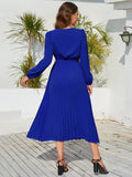 V-Neck Long Sleeve Pleated Dress - Trendsi